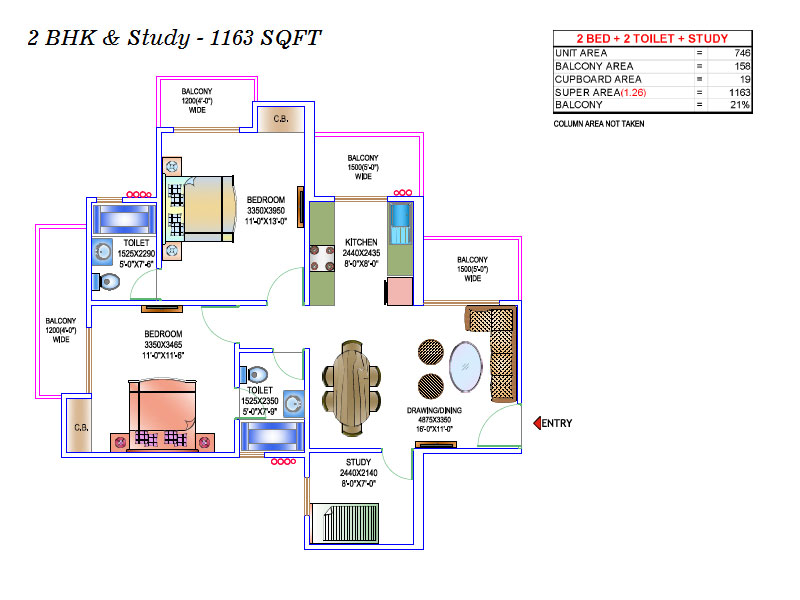 2 BHK & Study 1163 sqft
